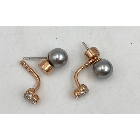 Michael Kors Rose Gold Tone Grey Faux Pearl Clear Crystal Stud Drop Earrings - Picture 3 of 6